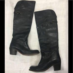 Frye Boots Knee High Black Leather Small Heal 7